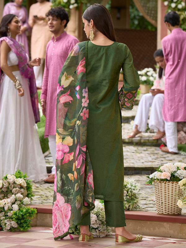 Indo Era Green Embroidered Straight Kurta Trousers With Dupatta Set - Distacart