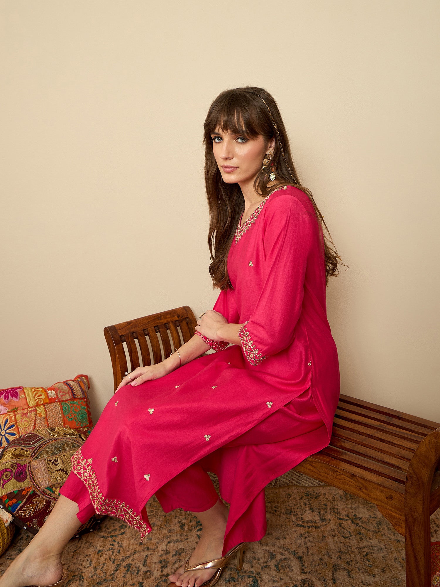 Indo Era Pink Embroidered Straight Kurta Trousers set - Distacart