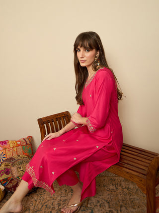 Indo Era Pink Embroidered Straight Kurta Trousers set - Distacart