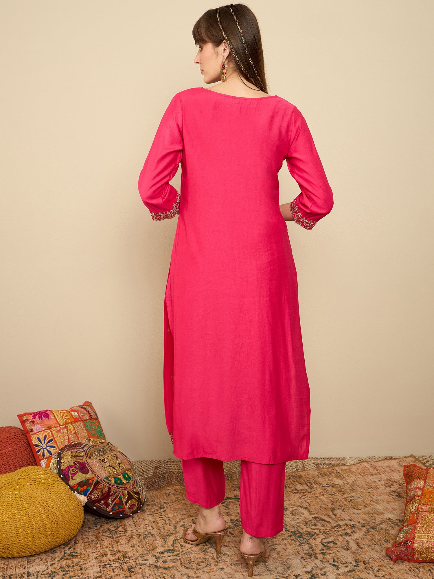 Indo Era Pink Embroidered Straight Kurta Trousers set - Distacart