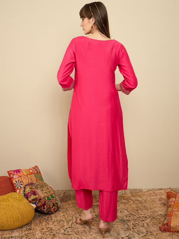 Indo Era Pink Embroidered Straight Kurta Trousers set - Distacart