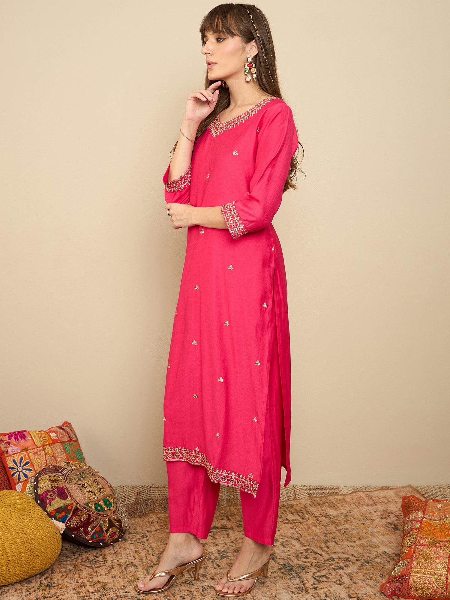 Indo Era Pink Embroidered Straight Kurta Trousers set - Distacart