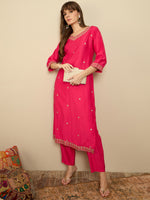 Thumbnail for Indo Era Pink Embroidered Straight Kurta Trousers set - Distacart