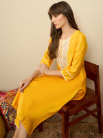 Thumbnail for Indo Era Yellow Embroidered Straight Kurta Trousers Set - Distacart