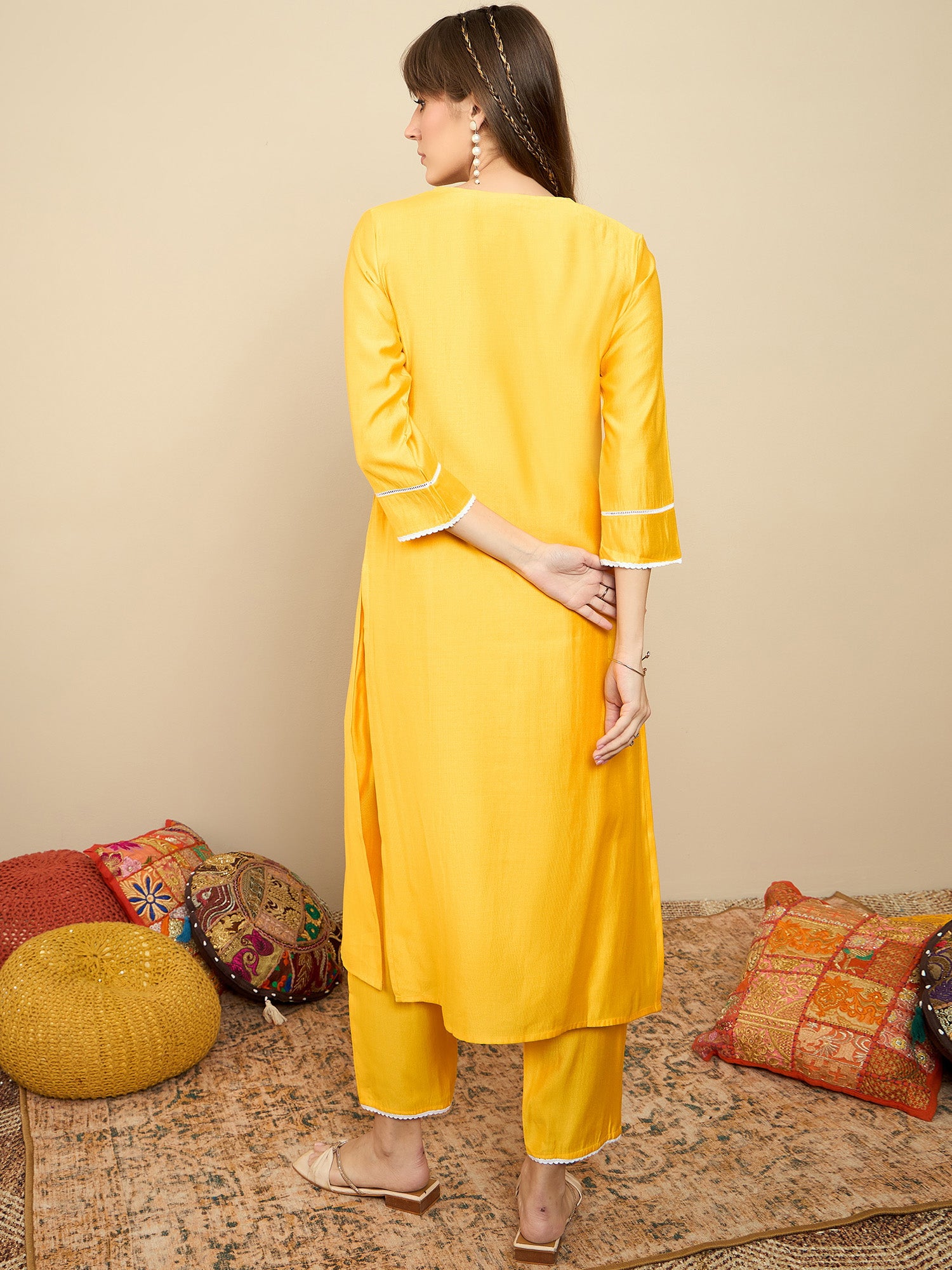 Indo Era Yellow Embroidered Straight Kurta Trousers Set - Distacart