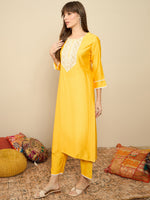 Thumbnail for Indo Era Yellow Embroidered Straight Kurta Trousers Set - Distacart