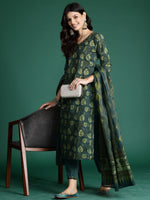 Thumbnail for Indo Era Green Printed Straight Kurta Trousers With Dupatta Set - Distacart
