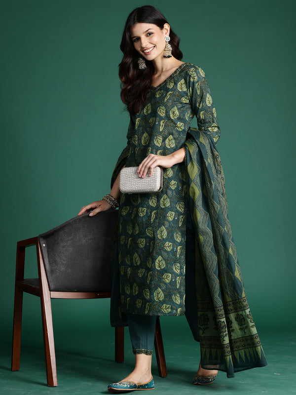 Indo Era Green Printed Straight Kurta Trousers With Dupatta Set - Distacart