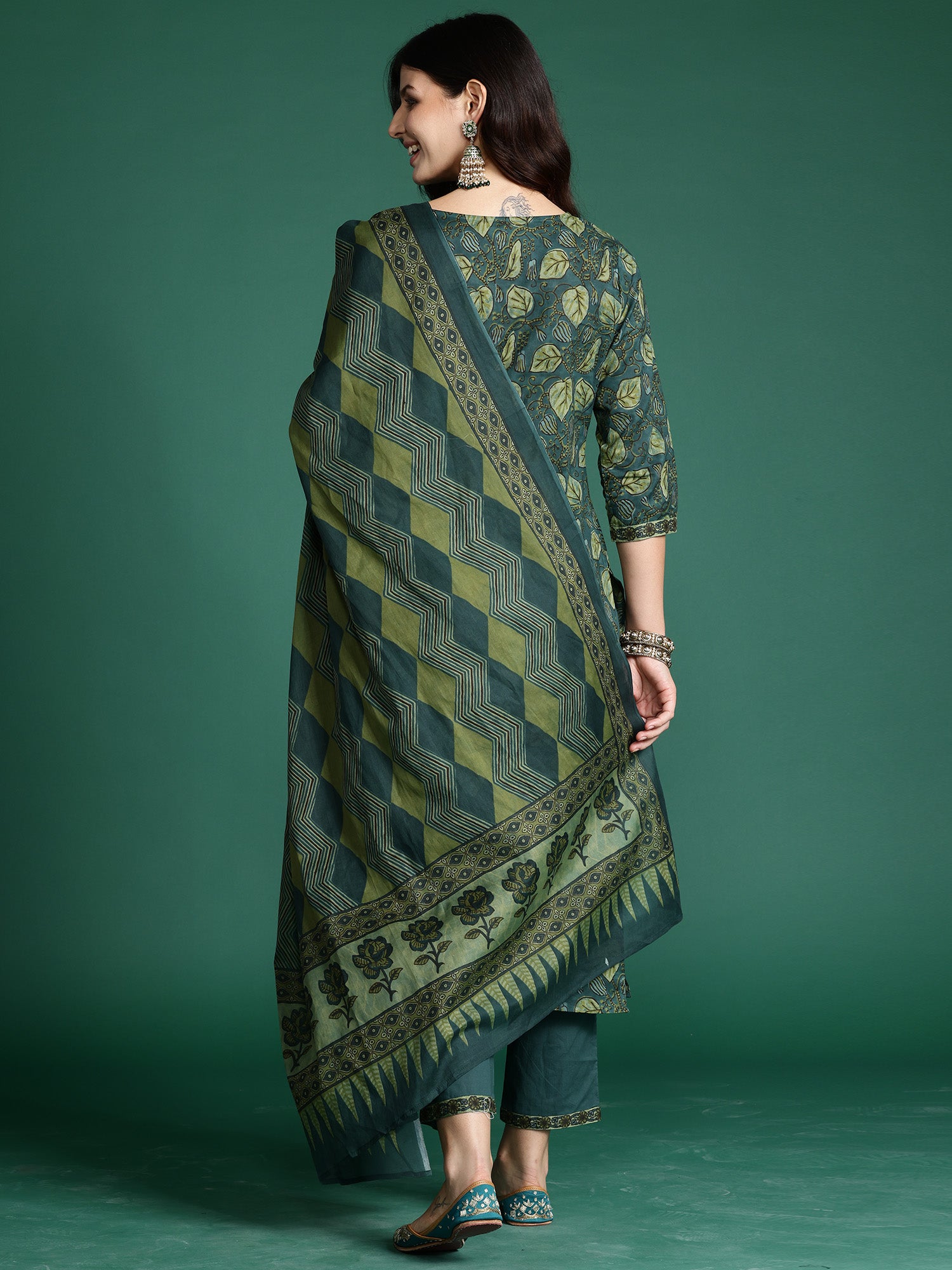 Indo Era Green Printed Straight Kurta Trousers With Dupatta Set - Distacart