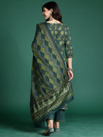 Thumbnail for Indo Era Green Printed Straight Kurta Trousers With Dupatta Set - Distacart