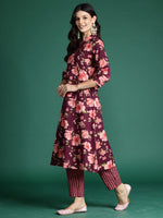 Thumbnail for Indo Era Burgundy Printed A-Line Kurta Trousers Set - Distacart