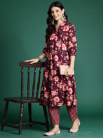 Thumbnail for Indo Era Burgundy Printed A-Line Kurta Trousers Set - Distacart