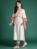 Thumbnail for Indo Era Off White Embroidered A-Line Kurta Trousers set - Distacart