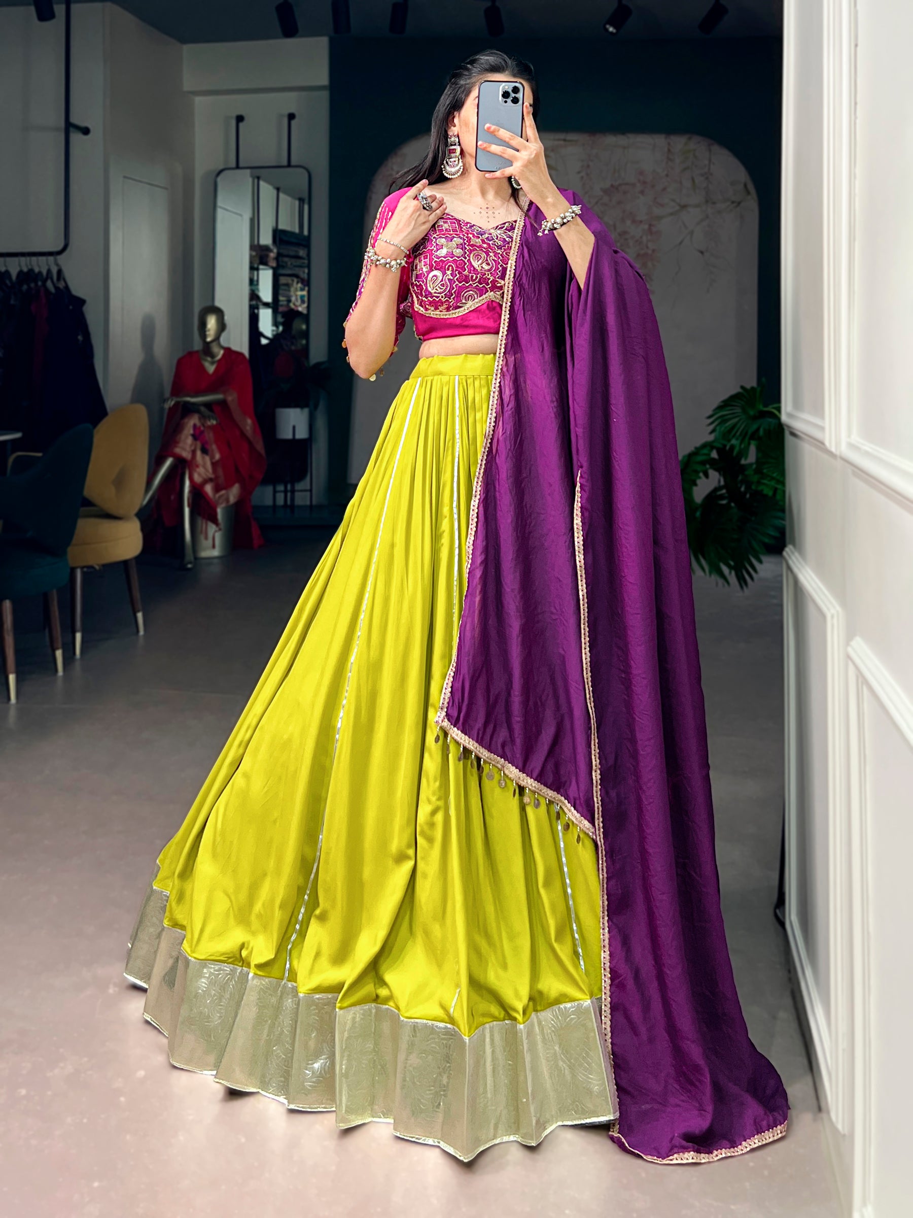 Lorenvalley Fashion Neon Yellow Rayon Embossed Design Lace Border Lehenga Choli With Dupatta - Dista