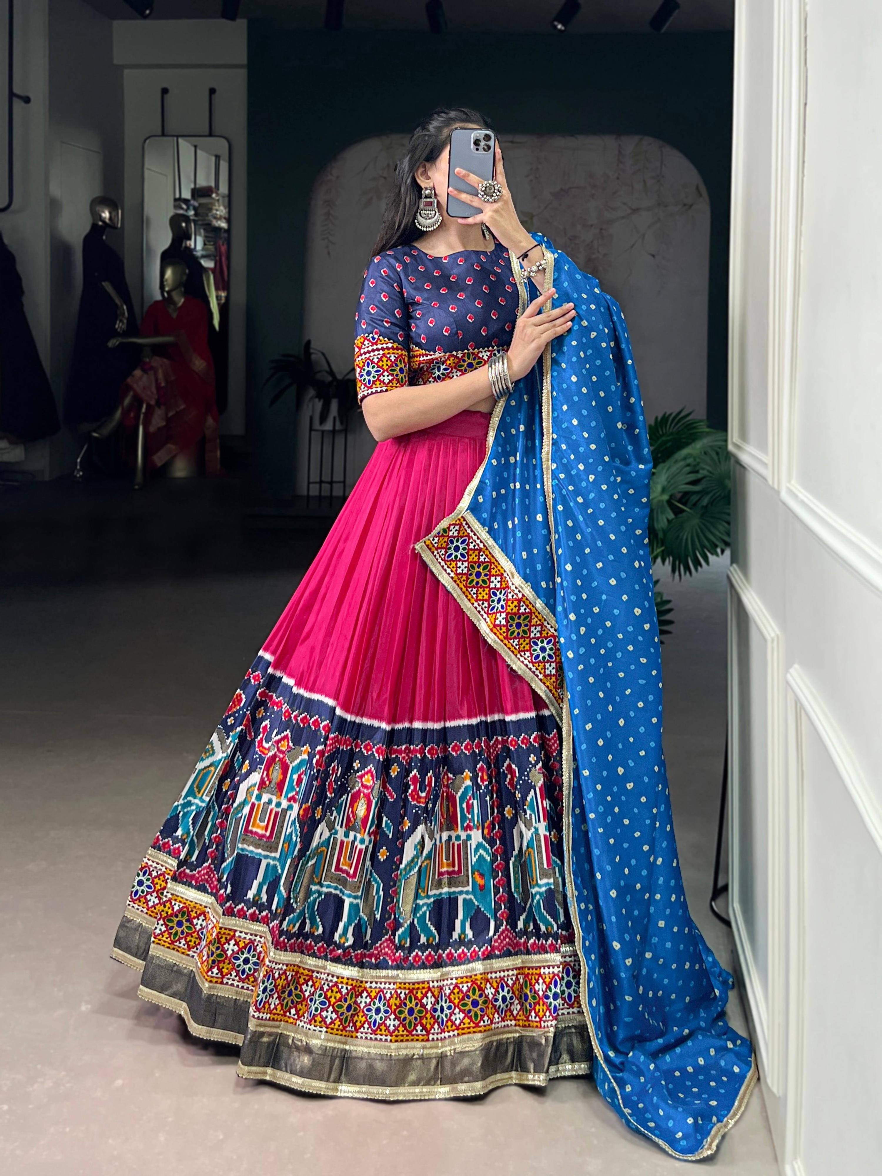 Lorenvalley Fashion Pink Tasar Silk Print with Foil Work and Real Mirror Gamthi Work with Lace Touch Up Lehenga Choli with Dupatta