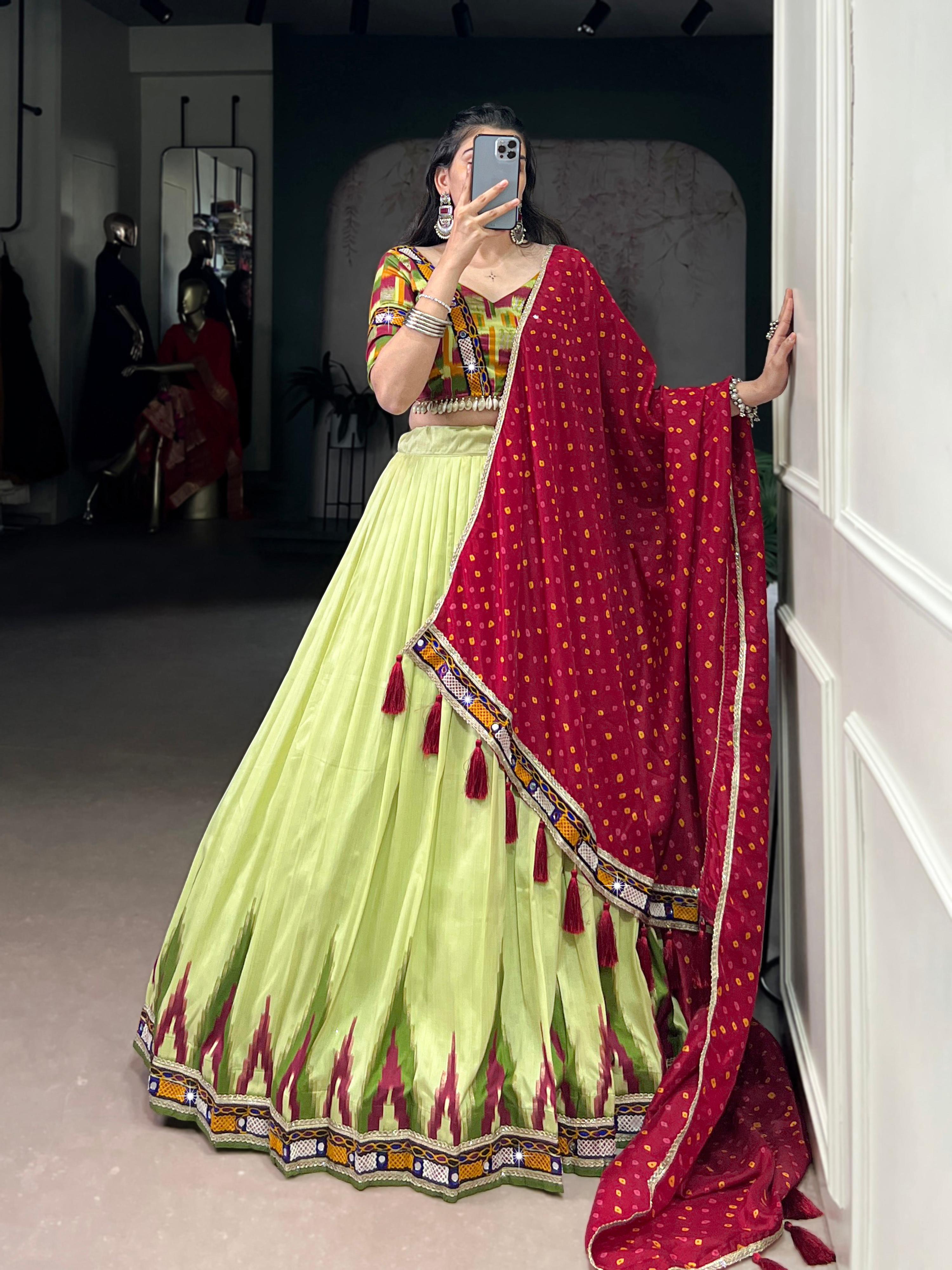 Lorenvalley Fashion Parotgreen Tasar Silk Print with Foil Work and Real Mirror Gamthi Work with Lace Touch Up Lehenga Choli with Dupatta