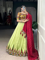 Thumbnail for Lorenvalley Fashion Parotgreen Tasar Silk Print with Foil Work and Real Mirror Gamthi Work with Lace Touch Up Lehenga Choli with Dupatta