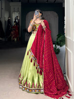 Thumbnail for Lorenvalley Fashion Parotgreen Tasar Silk Print with Foil Work and Real Mirror Gamthi Work with Lace Touch Up Lehenga Choli with Dupatta