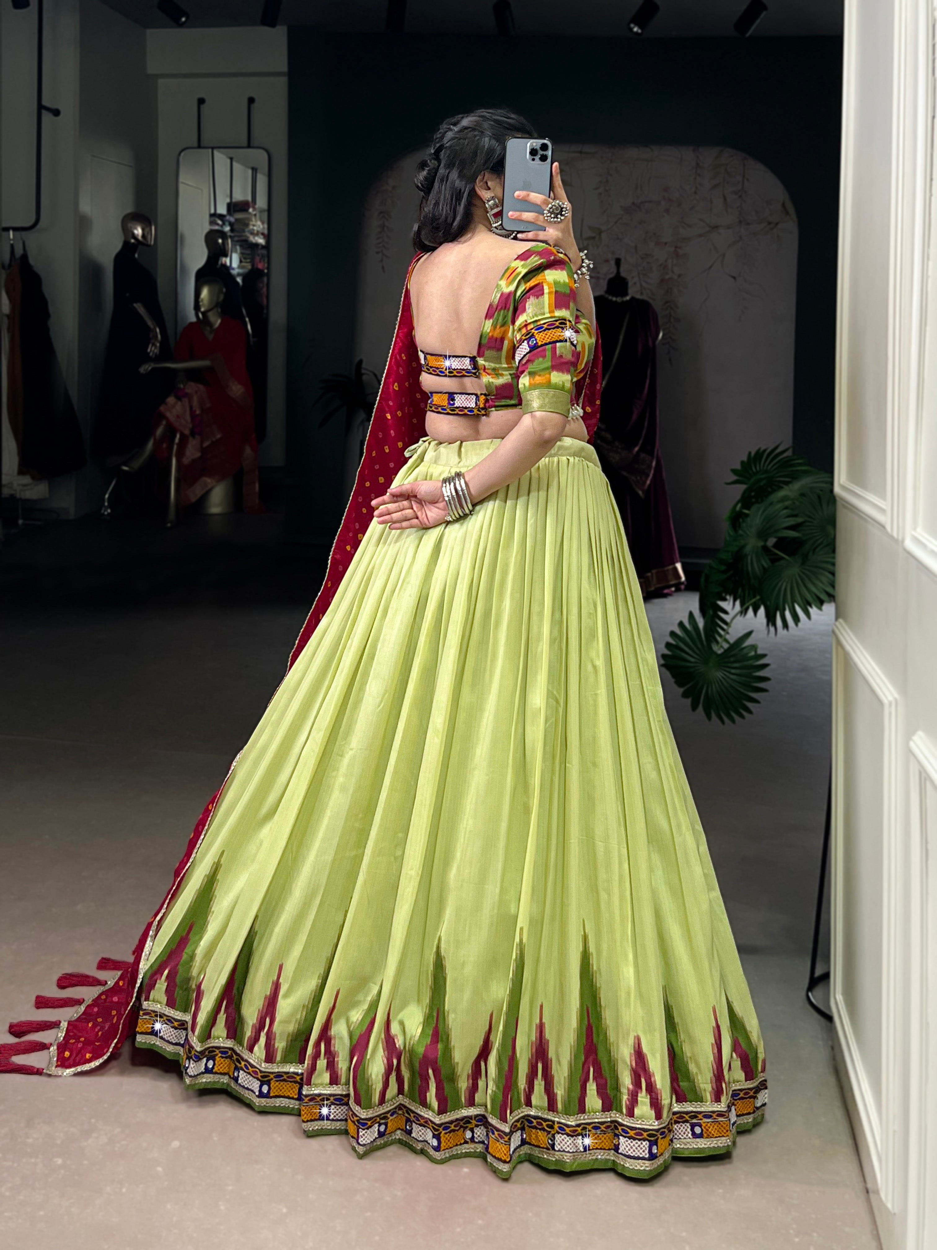 Lorenvalley Fashion Parotgreen Tasar Silk Print with Foil Work and Real Mirror Gamthi Work with Lace Touch Up Lehenga Choli with Dupatta