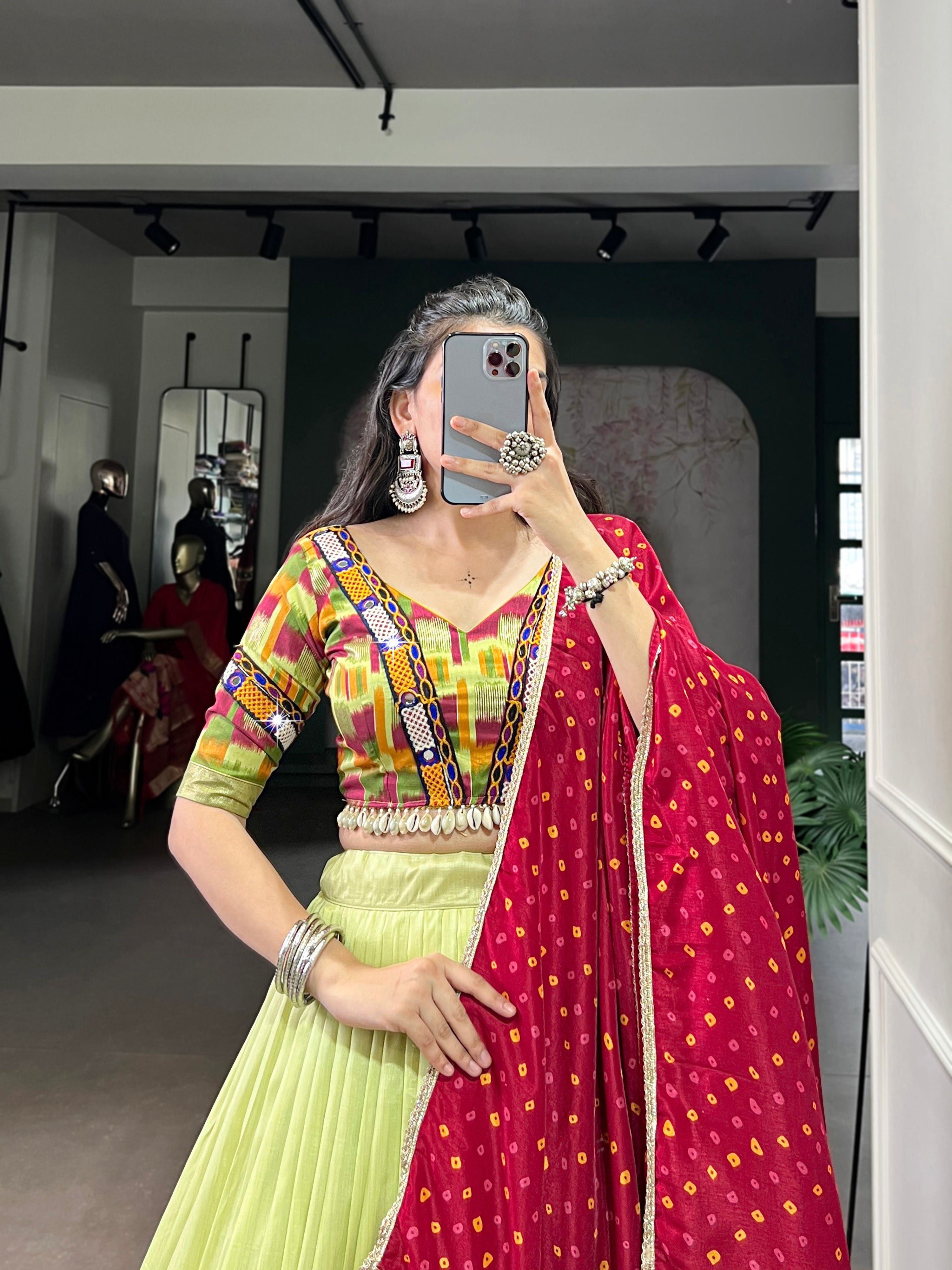 Lorenvalley Fashion Parotgreen Tasar Silk Print with Foil Work and Real Mirror Gamthi Work with Lace Touch Up Lehenga Choli with Dupatta