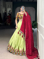 Thumbnail for Lorenvalley Fashion Parotgreen Tasar Silk Print with Foil Work and Real Mirror Gamthi Work with Lace Touch Up Lehenga Choli with Dupatta
