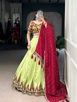 Lorenvalley Fashion Parotgreen Tasar Silk Print with Foil Work and Real Mirror Gamthi Work with Lace Touch Up Lehenga Choli with Dupatta