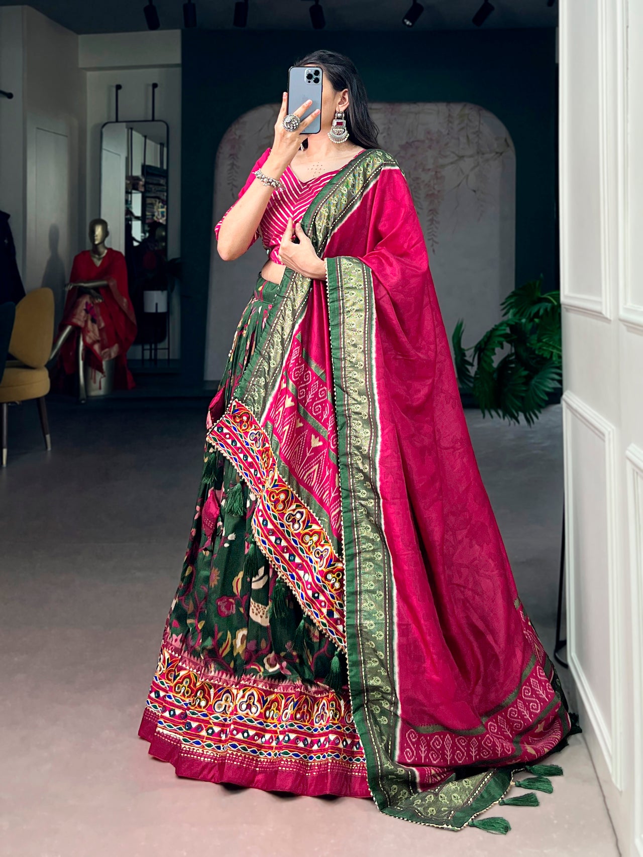 Lorenvalley Fashion Mehendi Tasar Silk Foil Printed With Mirror Gamthi Work Lehenga Choli With Dupatta - Dista