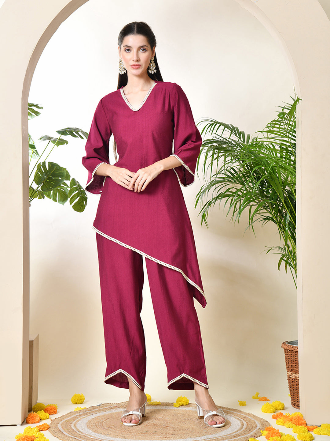 Myshka Women's Wine colour Co-ord set with Lace - Distacart