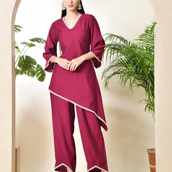 Myshka Women's Wine colour Co-ord set with Lace - Distacart