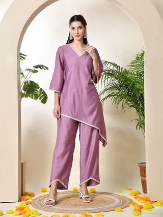 Myshka Women's Lavender colour Co-ord set with Lace - Distacart
