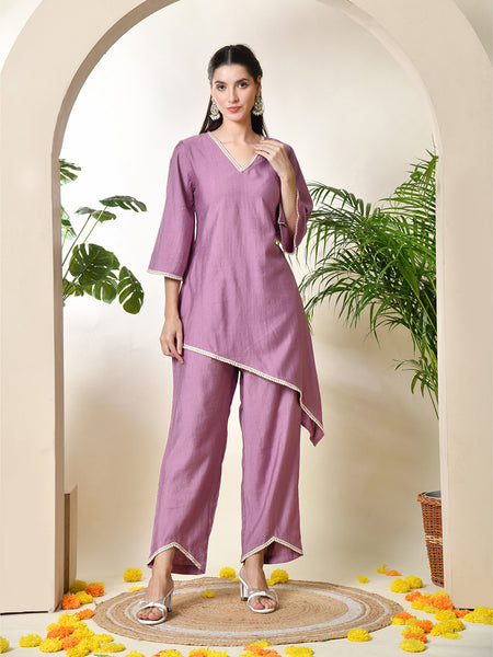 Myshka Women's Lavender colour Co-ord set with Lace - Distacart