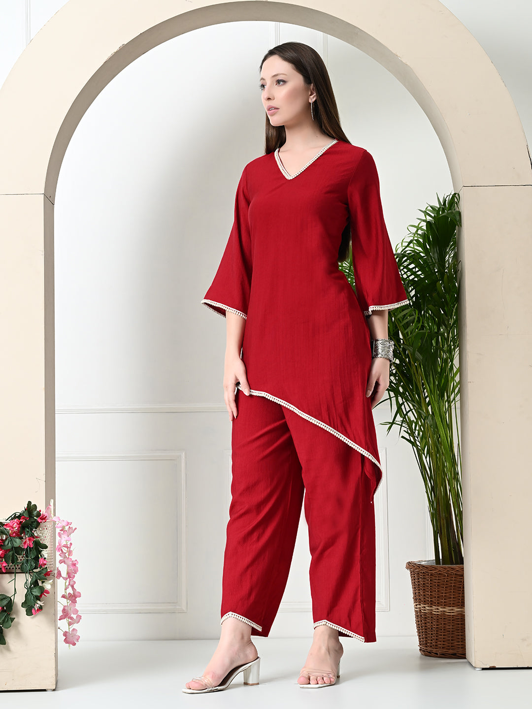 Myshka Women's Red colour Co-ord set with Lace - Distacart