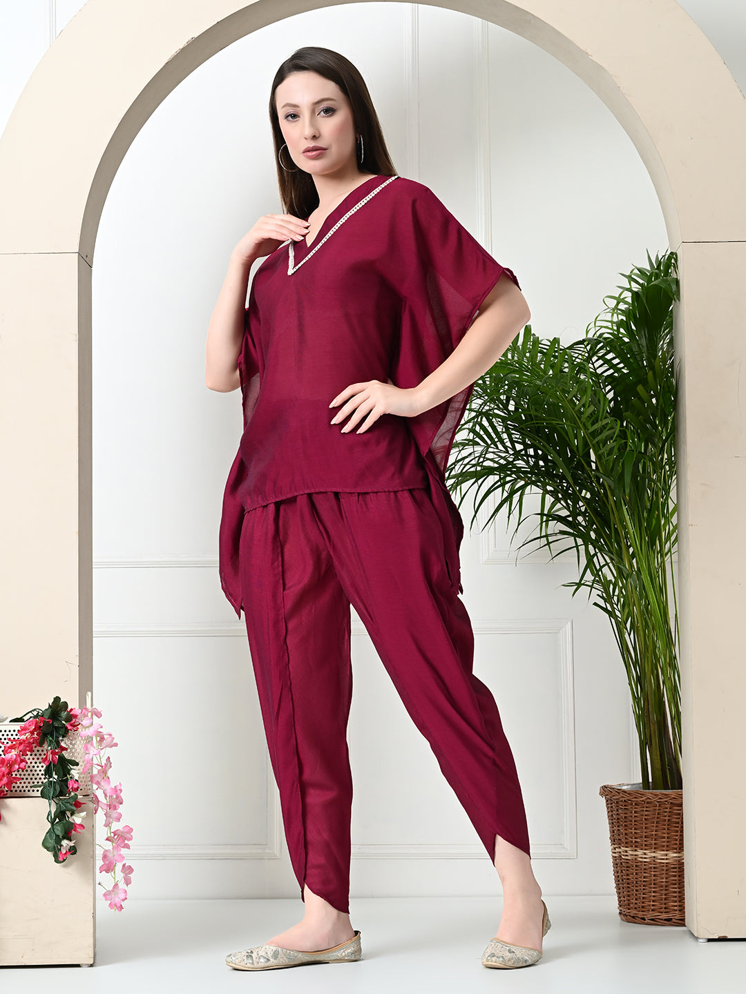 Myshka Women's Wine colour Co-ord set with Lace - Distacart