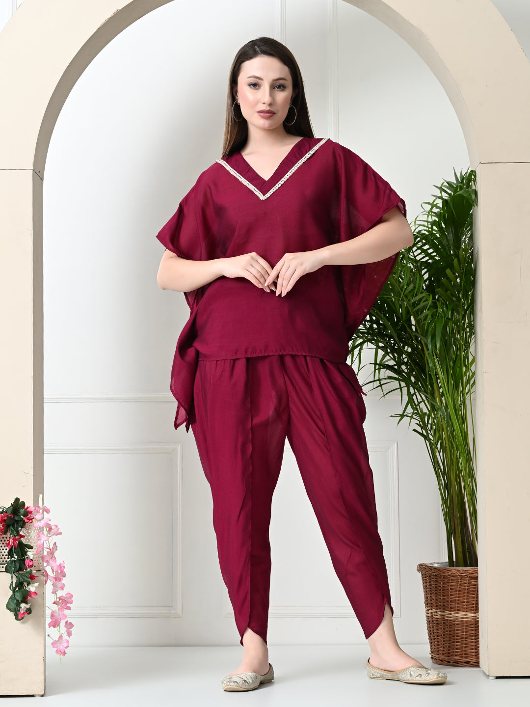 Myshka Women's Wine colour Co-ord set with Lace - Distacart