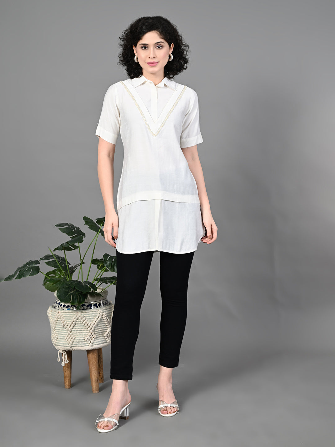 Myshka Women's Solid A-Line Collared Neck Casual Tunic In White Colour - Distacart