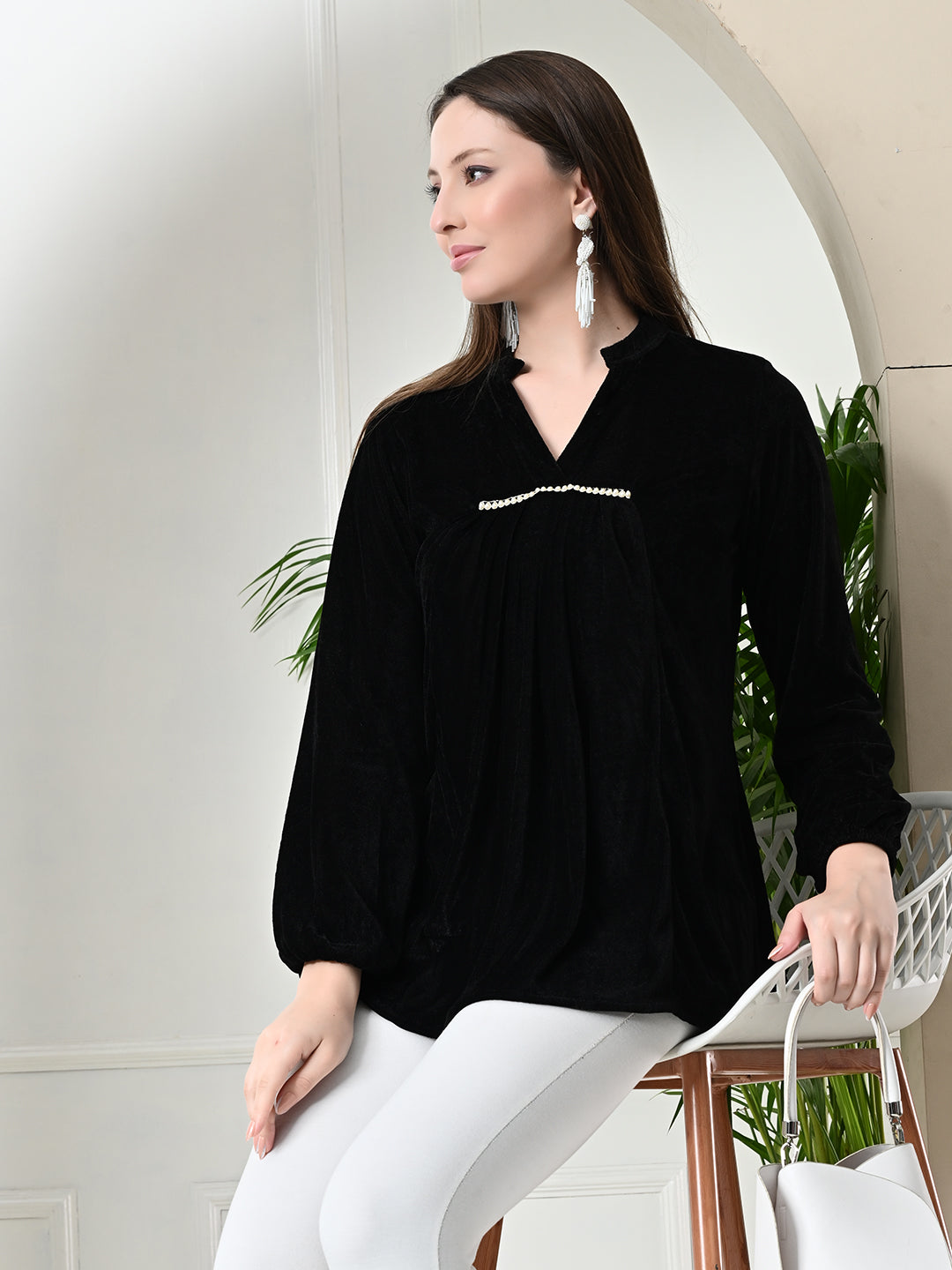 Myshka Women's Velvet A-Line Collared Neck Party Tunic In Black Colour - Distacart