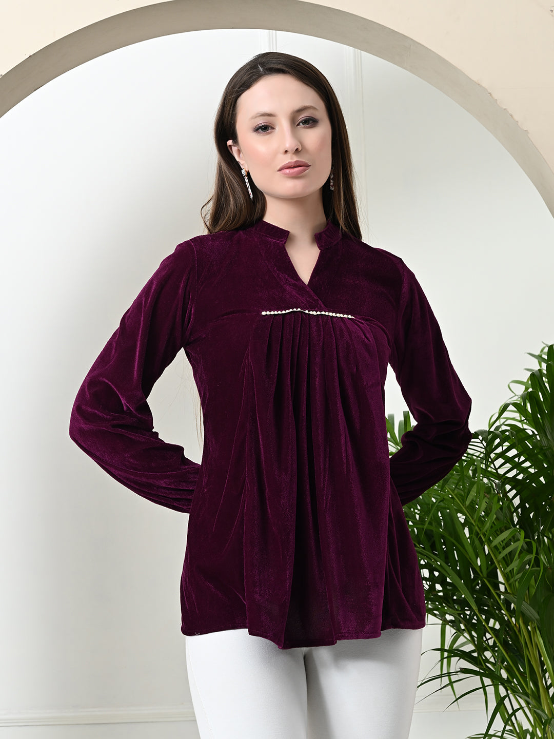 Myshka Women's Velvet A-Line Collared Neck Party Tunic In Wine Colour - Distacart
