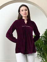Thumbnail for Myshka Women's Velvet A-Line Collared Neck Party Tunic In Wine Colour