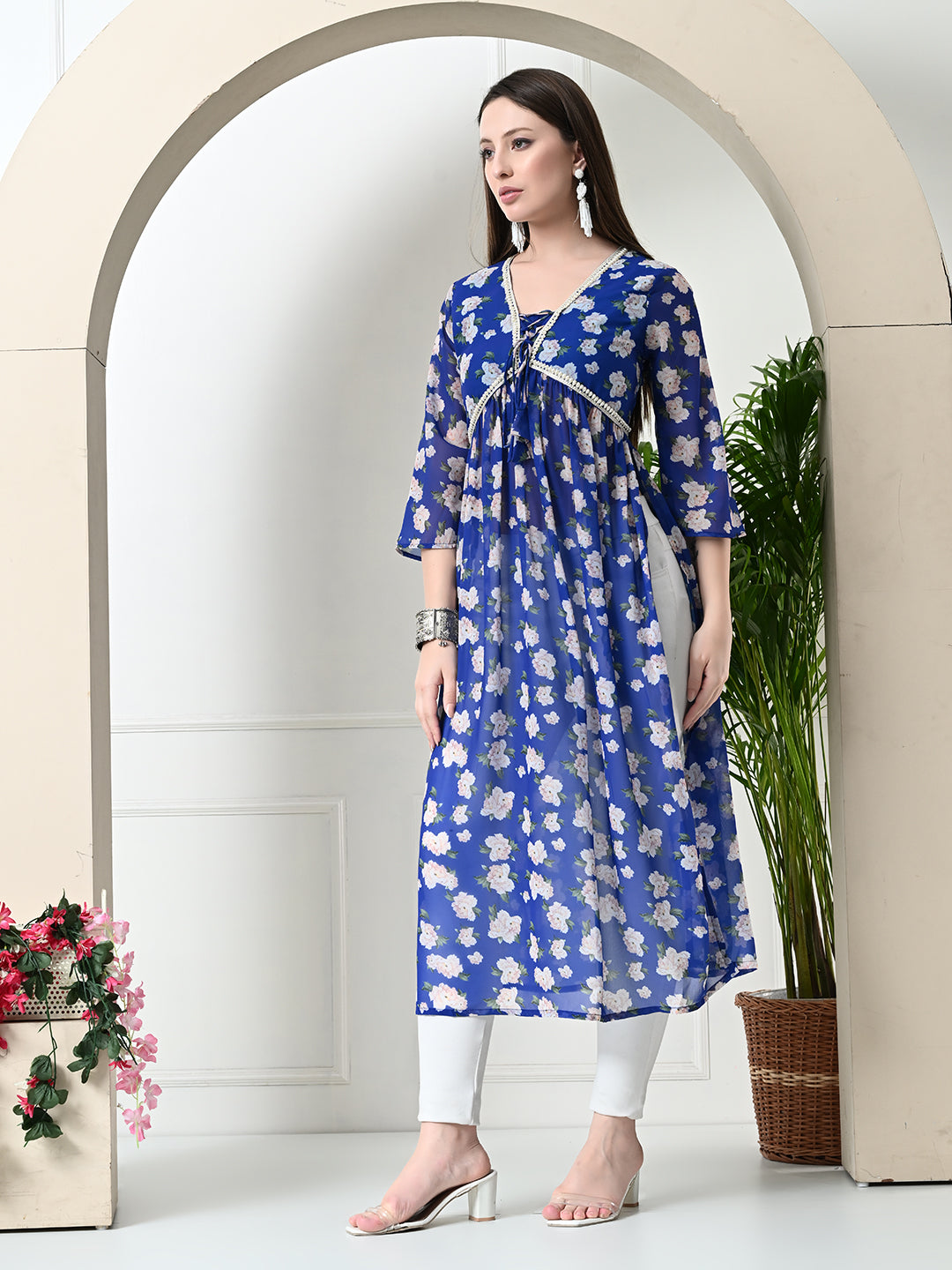 Myshka Women's Blue Printed Georgette A-Line Nyra-cut Kurta - Distacart