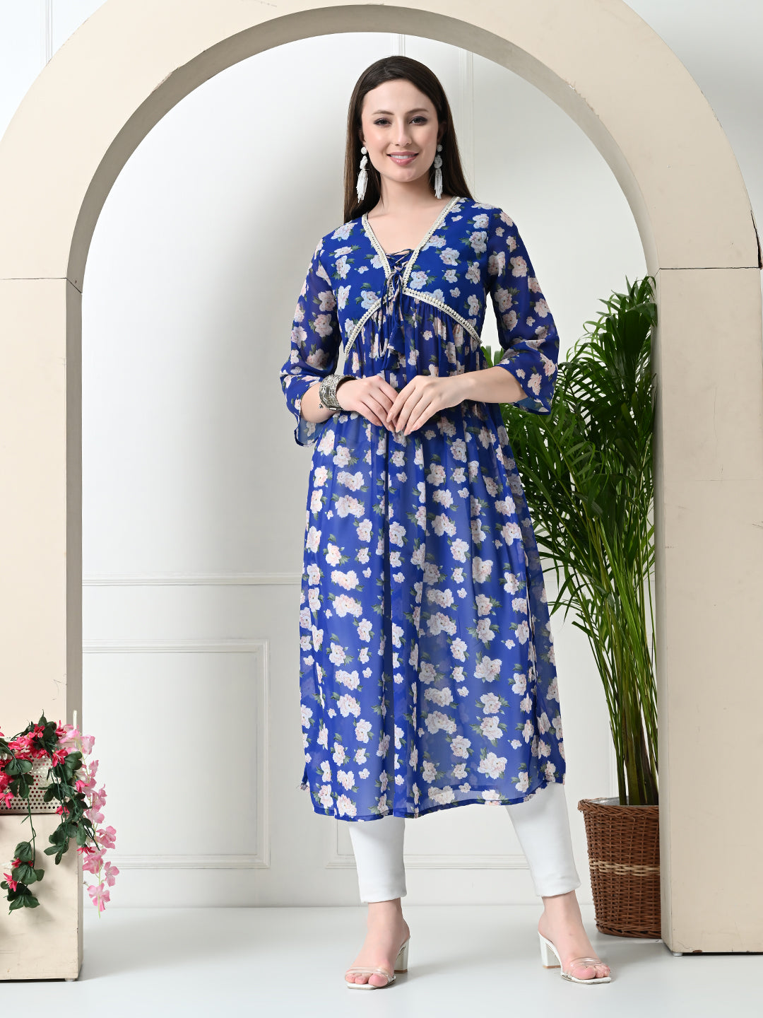 Myshka Women's Blue Printed Georgette A-Line Nyra-cut Kurta - Distacart