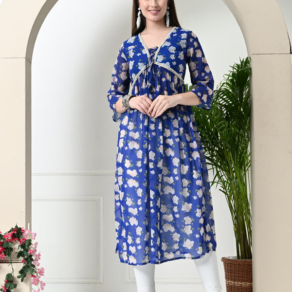 Myshka Women's Blue Printed Georgette A-Line Nyra-cut Kurta - Distacart