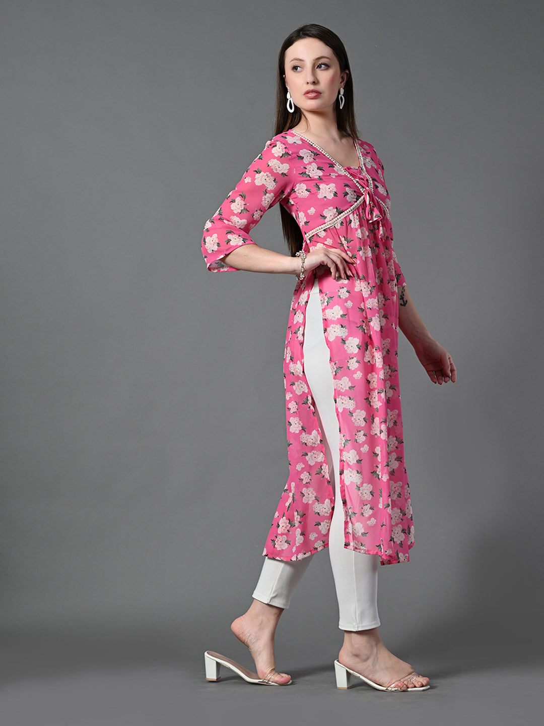 Myshka Women's Pink Printed Georgette A-Line Nyra-cut Kurta - Distacart