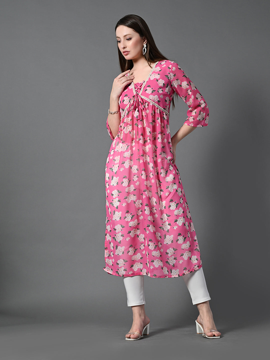 Myshka Women's Pink Printed Georgette A-Line Nyra-cut Kurta - Distacart