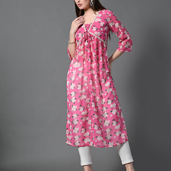 Myshka Women's Pink Printed Georgette A-Line Nyra-cut Kurta - Distacart
