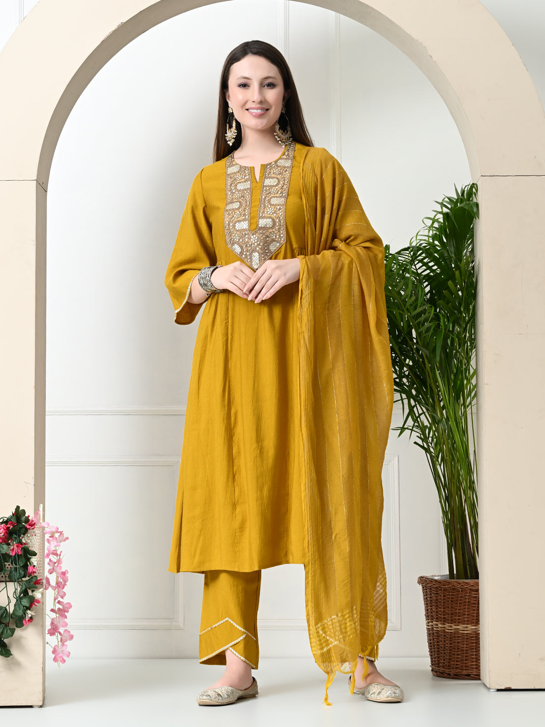 Myshka Women's Embroidered Keyhole Neck Bell Sleeves Kurta & Palazzos With Dupatta Sets in Musterd Colour - Distacart