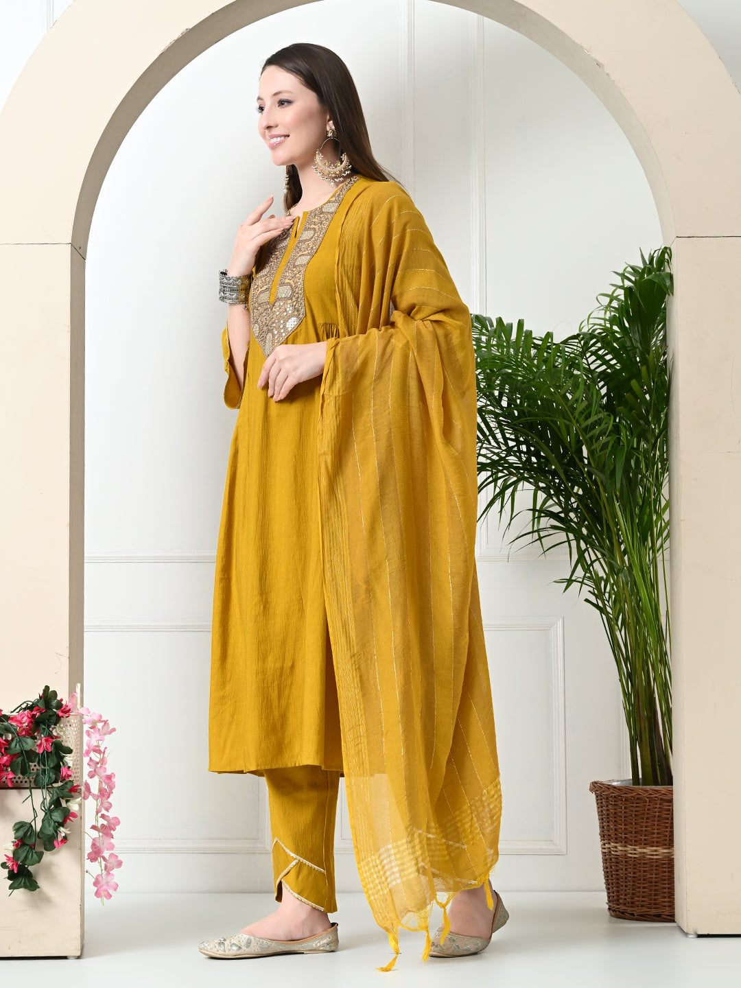 Myshka Women's Embroidered Keyhole Neck Bell Sleeves Kurta & Palazzos With Dupatta Sets in Musterd Colour - Distacart