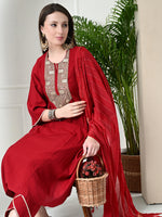 Thumbnail for Myshka Women's Embroidered Keyhole Neck Bell Sleeves Kurta & Palazzos With Dupatta Sets in Red Colour