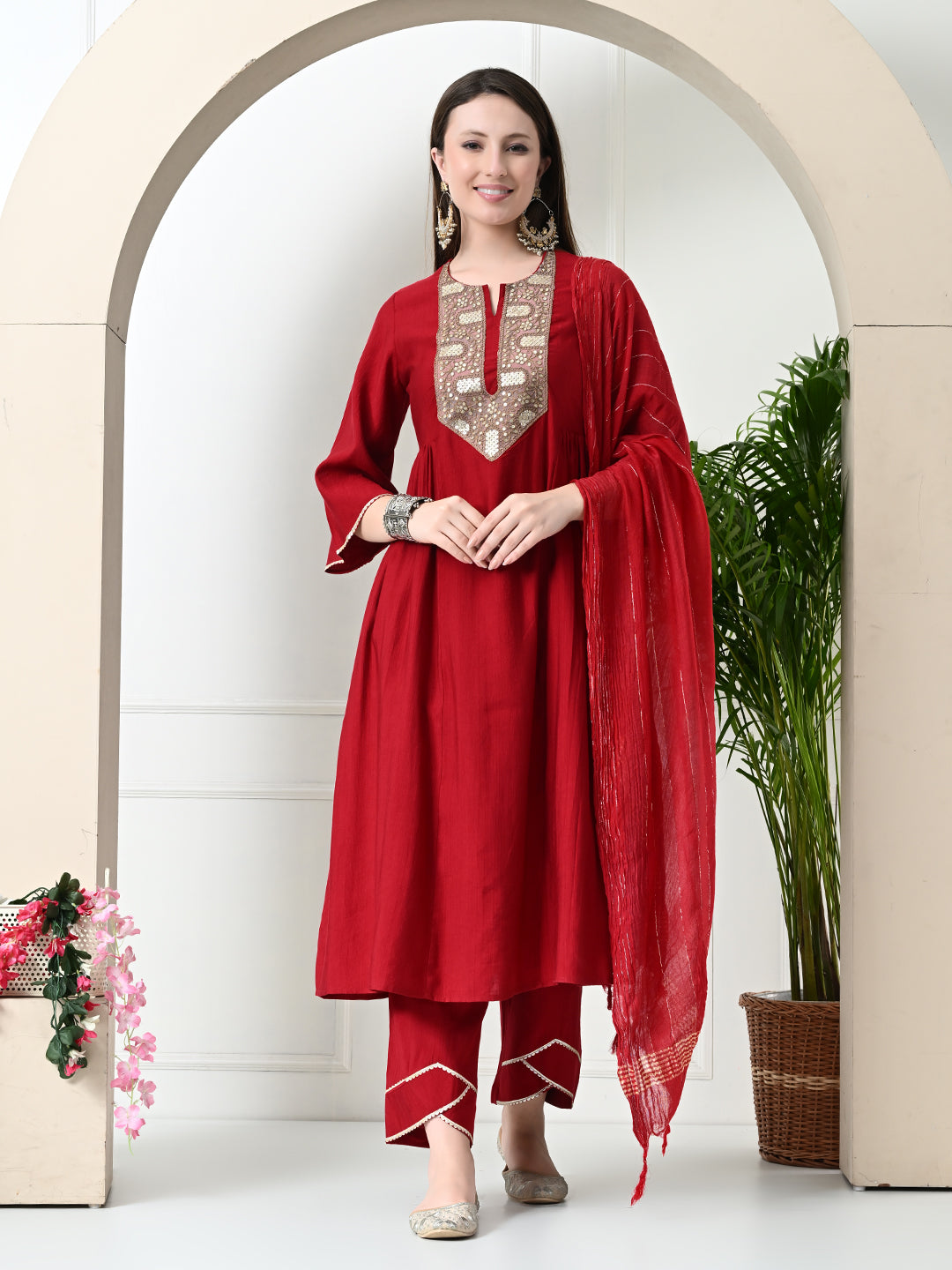 Myshka Women's Embroidered Keyhole Neck Bell Sleeves Kurta & Palazzos With Dupatta Sets in Red Colour - Distacart