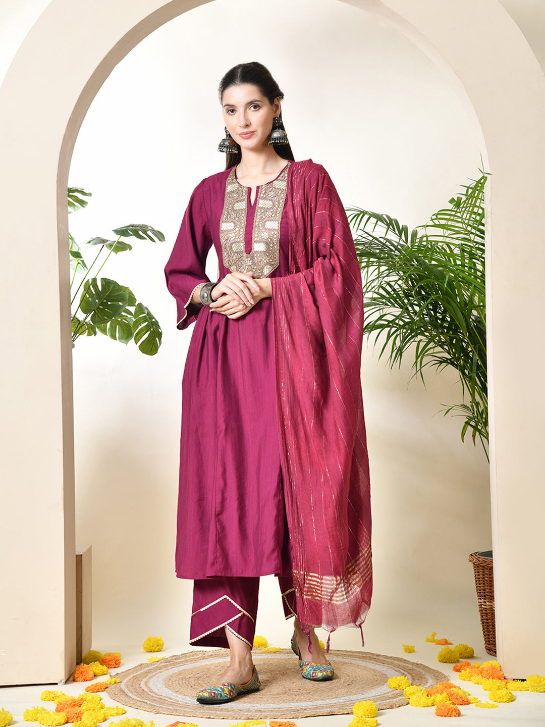 Myshka Women's Embroidered Keyhole Neck Bell Sleeves Kurta & Palazzos With Dupatta Sets in Magenta Colour - Distacart