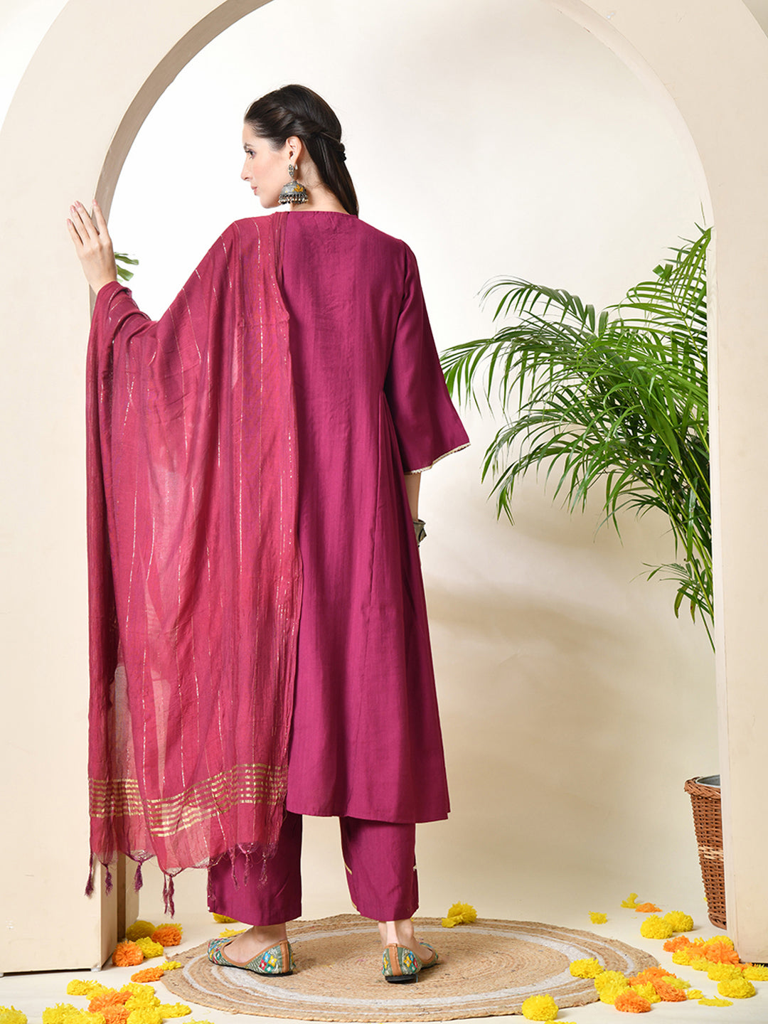 Myshka Women's Embroidered Keyhole Neck Bell Sleeves Kurta & Palazzos With Dupatta Sets in Magenta Colour - Distacart